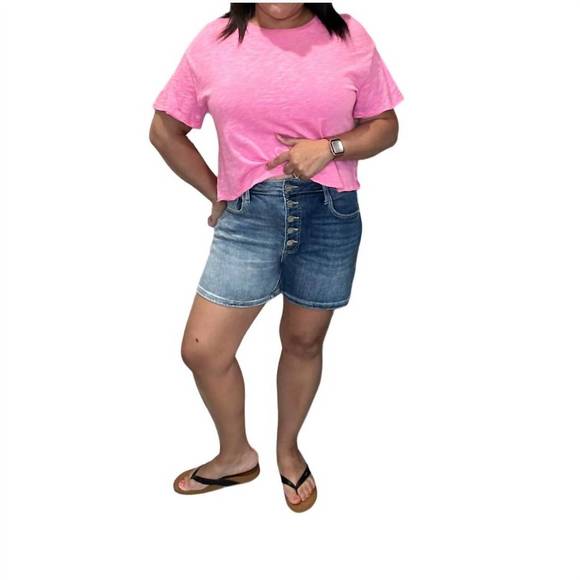 NEW RISEN high rise contrast wash button fly shorts in medium blue/dark blue - Picture 2 of 3